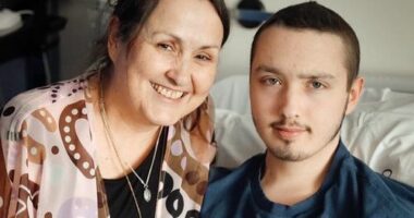 Brandan with his mum during cancer treatment.