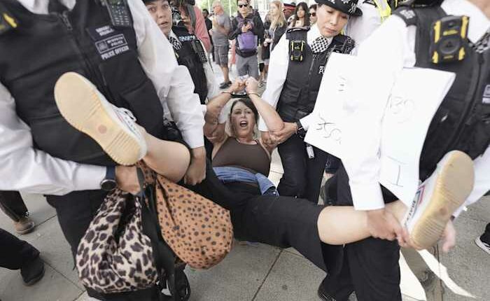 Police arrest demonstrators supporting the banned Palestine Action group in central London