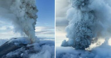 This photo taken from video by Artem Sheldr shows an aerial view of the eruption of the Krasheninnikov volcano.