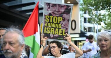 NEWS: Pro Palestine Action Group demonstrate outside the US consulate in North Sydney to put these demands to the incoming Trump administration. Photo: Wolter Peeters, 21st January 2025, The Sydney Morning Herald.
