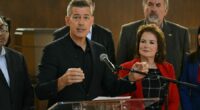US Secretary of Transportation Sean Duffy speaks over a crowd of boos during a press conference at Union Station in downtown Los Angeles on Feb. 20, 2025. (Getty Images)