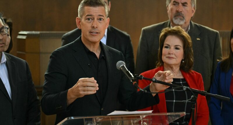 US Secretary of Transportation Sean Duffy speaks over a crowd of boos during a press conference at Union Station in downtown Los Angeles on Feb. 20, 2025. (Getty Images)
