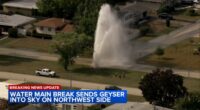 Water shoots high into air after contractor hits main near Bryn Mawr Avenue, Courtland Avenue on Chicago's NW Side