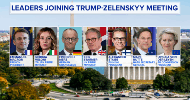 European Commission President Ursula von der Leyen, NATO Secretary-General Mark Rutte, U.K. Prime Minister Keir Starmer, German Chancellor Friedrich Merz, French President Emmanuel Macron and Italian Prime Minister Giorgia Meloni.