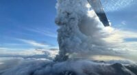 Aerial view of the Krasheninnikov Volcano erupting in Kamchatka, Russia.