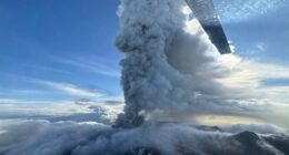 Aerial view of the Krasheninnikov Volcano erupting in Kamchatka, Russia.