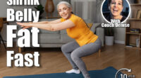 Active senior lady doing squats on domestic workout, training in living room and smiling at camera, copy space. Fit female leading active lifestyle, staying in good shape at home. 4 Daily Bodyweight Moves That Shrink Belly Fat Better Than Ab Classes After 40. Cover