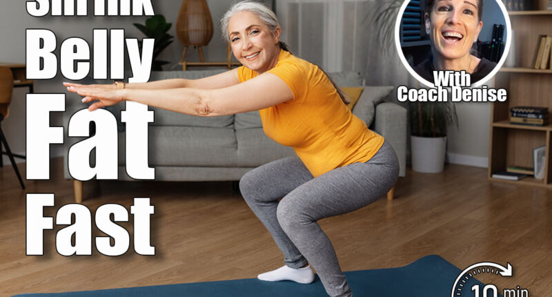 Active senior lady doing squats on domestic workout, training in living room and smiling at camera, copy space. Fit female leading active lifestyle, staying in good shape at home. 4 Daily Bodyweight Moves That Shrink Belly Fat Better Than Ab Classes After 40. Cover
