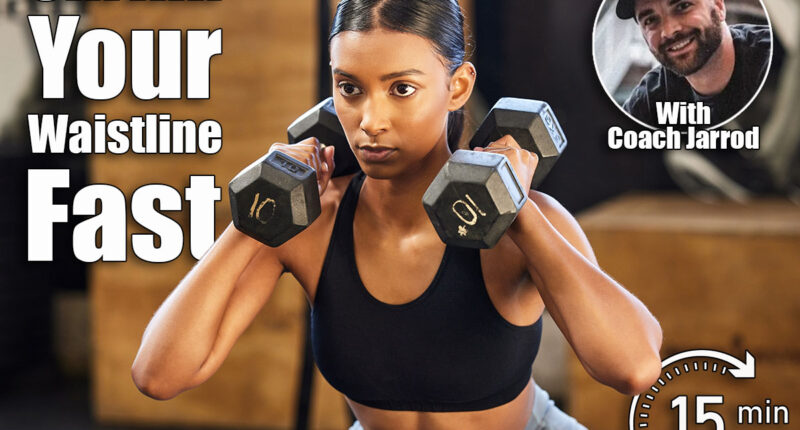 Fitness, squat or woman with dumbbells training, exercise or workout for powerful arms or muscles in gym. Dumbbell squats, bodybuilder or Indian girl athlete lifting weights or exercising biceps. 4 Daily Exercises That Shrink Your Waistline Faster Than Cardio After 40. Cover