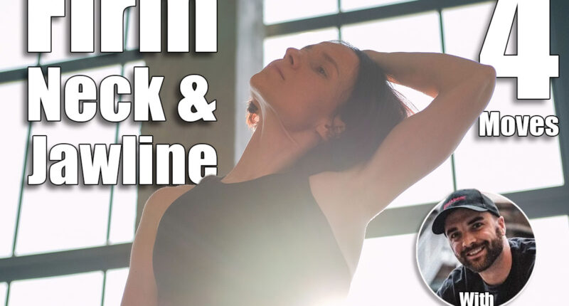 Body warm-up. Neck stretching. Athletic woman in activewear side tilt head with hands training spine muscle in light fitness studio interior. 4 Daily Moves That Firm Your Neck and Jawline Better Than Facials After 50. Cover