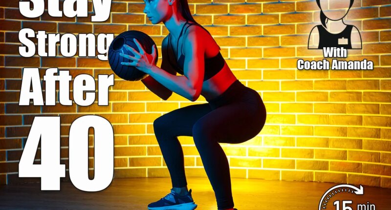 Fit young brunette woman doing squat exercise with medicine ball in gym in neon lights. 4 Essential Exercises Everyone Over 40 Should Do to Stay Strong for Life. Cover