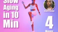 Motivated Fitness Woman Exercising Raising Knee Doing Standing Crunch During Cardio Workout Over Neon Pink And Blue Studio Background, Looking At Camera. Bodyshaping Training. 4 Quick Standing Exercises That Slow Aging Faster Than Gym After 40. Cover