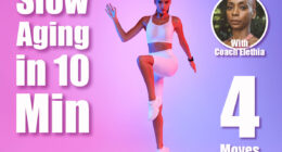 Motivated Fitness Woman Exercising Raising Knee Doing Standing Crunch During Cardio Workout Over Neon Pink And Blue Studio Background, Looking At Camera. Bodyshaping Training. 4 Quick Standing Exercises That Slow Aging Faster Than Gym After 40. Cover