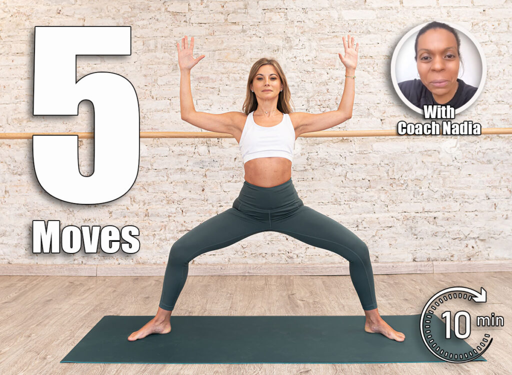 beautiful woman doing goddess yoga pose, wearing sportswear, green pants, white top, indoor full length, yoga studio. High quality photo. 5 Best Bodyweight Workouts To Lose Your Belly Overhang in 30 Days, Covert