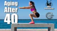 Hispanic woman doing squats on a bench by the ocean. 5 Daily Bodyweight Moves That Reverse Aging Better Than Treatments After 40. Cover