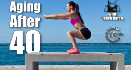 Hispanic woman doing squats on a bench by the ocean. 5 Daily Bodyweight Moves That Reverse Aging Better Than Treatments After 40. Cover