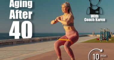 On warm sunny day, an active woman performing squats with fitness band on sports street playground near the coast. 5 Daily Bodyweight Moves That Reverse Aging Better Than Treatments After 40. Cover
