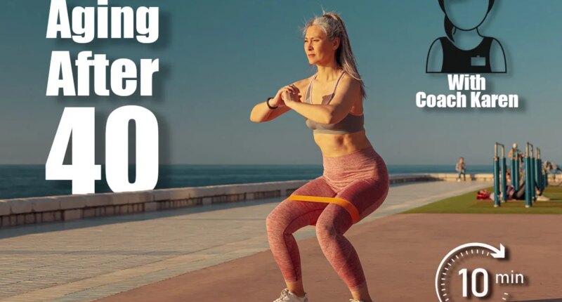 On warm sunny day, an active woman performing squats with fitness band on sports street playground near the coast. 5 Daily Bodyweight Moves That Reverse Aging Better Than Treatments After 40. Cover