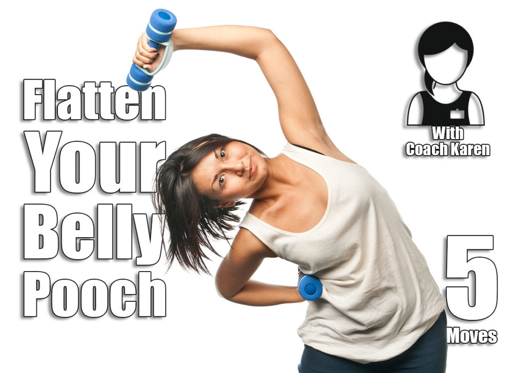 Sports girl doing exercises with dumbbells. 5 Daily Moves to Flatten Your Belly Pooch in 30 Days After 50—No Floor Work. Cover