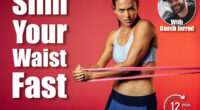 Fitness woman doing workout using resistance bands. Portrait of determined fitness woman doing strength training using resistance band. 5 Easy Standing Exercises That Will Melt Your Love Handles Right Off After 40. Cover