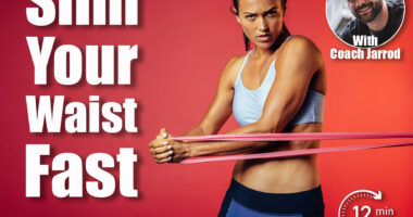Fitness woman doing workout using resistance bands. Portrait of determined fitness woman doing strength training using resistance band. 5 Easy Standing Exercises That Will Melt Your Love Handles Right Off After 40. Cover