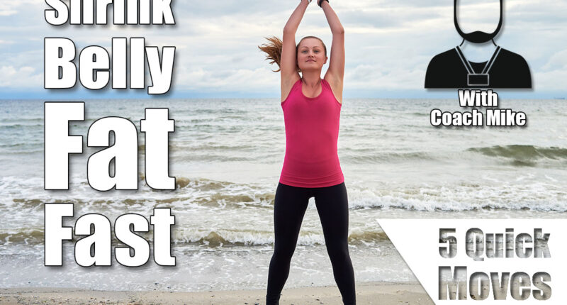 Happy fitness woman doing jumping jacks or star jump exercise at seaside outdoors, copy space. Girl working out on beach at summer morning, full length portrait. Healthy lifestyle concept. 5 Micro-Workout Moves That Shrink Your Stomach Pooch in 30 Days After 45—No Gym. Cover