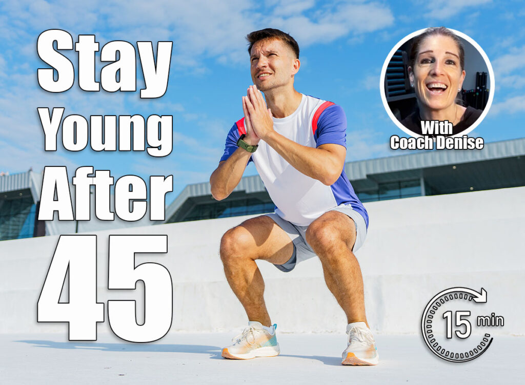 Man performs squats outdoors on a bright, sunny day with a clear sky and modern buildings in the background. 5 Morning Exercises Men Should Do Every Day to Stay Young After 45. Cover