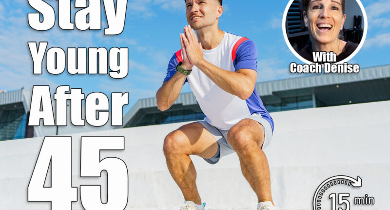 Man performs squats outdoors on a bright, sunny day with a clear sky and modern buildings in the background. 5 Morning Exercises Men Should Do Every Day to Stay Young After 45. Cover