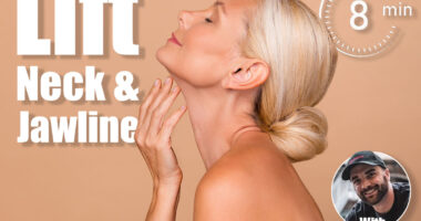 Photo of smiling stunning woman naked shoulders closed eyes arm hand neck empty space isolated beige color background. 5 Morning Standing Drills to Lift Your Neck & Jawline in 30 Days After 50. Cover