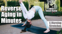 Fit female athlete practicing yoga in standing forward bend with shoulder opener pose on sports mat in green park. 5 Morning Stretches That Reverse Aging Better Than Expensive Treatments After 45. Cover