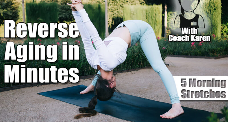 Fit female athlete practicing yoga in standing forward bend with shoulder opener pose on sports mat in green park. 5 Morning Stretches That Reverse Aging Better Than Expensive Treatments After 45. Cover