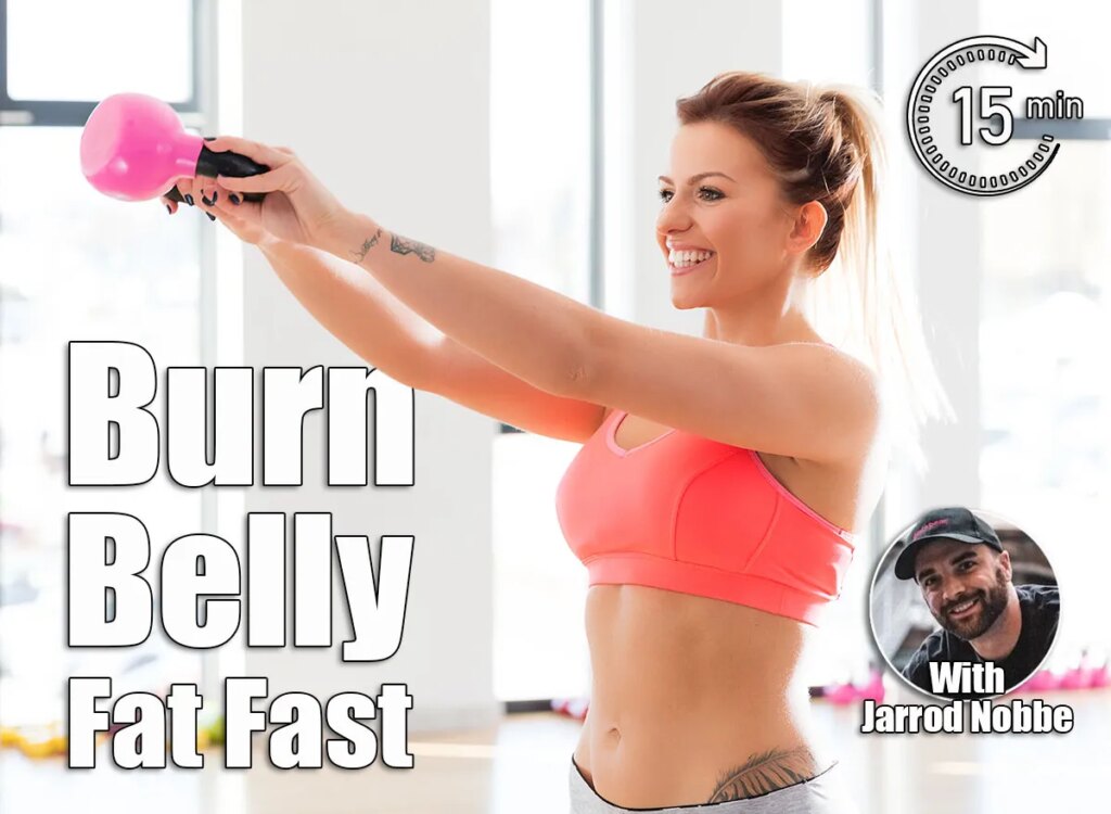 Cheerful, fit woman doing a kettlebell swing exercise. Body weight and fitness workout concept. 5 Power Exercises That Torch Belly Fat Faster Than Treadmill Workouts After 45. Cover