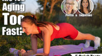 A strong woman in a red bodysuit holds a forearm plank pose on a yoga mat in a grassy park at sunset. 5 Quick Tests To See if You’re Aging Too Fast After 40. Cover