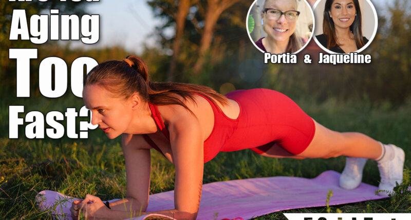 A strong woman in a red bodysuit holds a forearm plank pose on a yoga mat in a grassy park at sunset. 5 Quick Tests To See if You’re Aging Too Fast After 40. Cover
