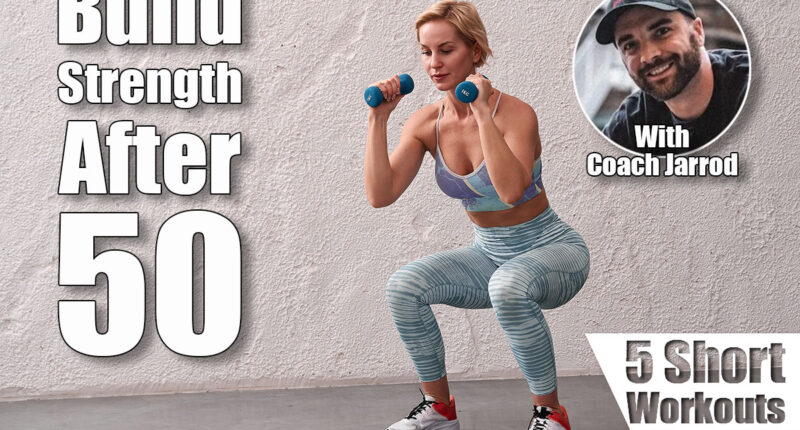Female trainer performs a squat with dumbbells in hands, arms bent at the elbows and pressed to the chest. Beautiful sporty woman doing power fitness exercise at sport gym. 5 Short Workouts That Keep You Stronger Than Most 30-Year-Olds After 50. Cover