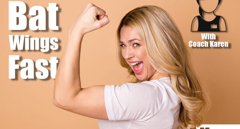 Close-up profile side view portrait of her she nice-looking lovely attractive cheerful cheery ecstatic satisfied wavy-haired lady showing muscles isolated over beige pastel background. 5 Standing Exercises That Banish Bat Wings Faster Than Push-Ups After 45. Cover