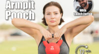 Closeup view of a beautiful caucasian brunette fitness model does a upright row with a red kettlebell in a open park on a bright sunny day. 5 Standing Exercises To Shrink Your ‘Armpit Pooch’ For Good [Update]. Cover