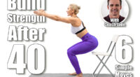 Exercises with props. Athletic caucasian woman in purple leggings practice squats using a chair, isolated on white. Fitness advertising, workout, promotion, sport, training concept. 6 Classic Exercises That Keep You Stronger Than Most People Half Your Age. Cover