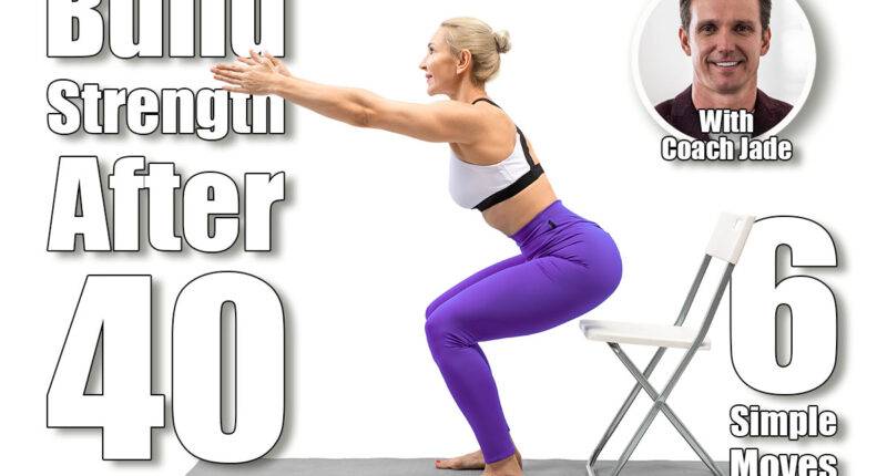 Exercises with props. Athletic caucasian woman in purple leggings practice squats using a chair, isolated on white. Fitness advertising, workout, promotion, sport, training concept. 6 Classic Exercises That Keep You Stronger Than Most People Half Your Age. Cover