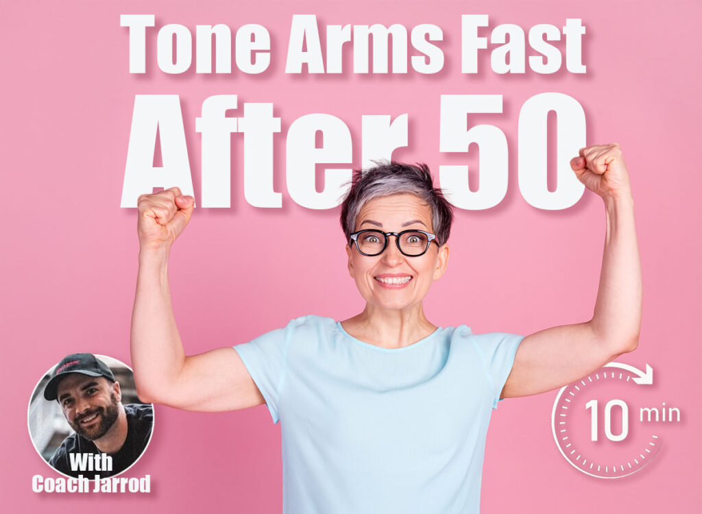 Portrait of pretty aged lady raise fists blue t-shirt isolated on pink color background. 6 Daily Standing Moves That Tighten Bat Wings in 30 Days After 50—No Weights. Cover