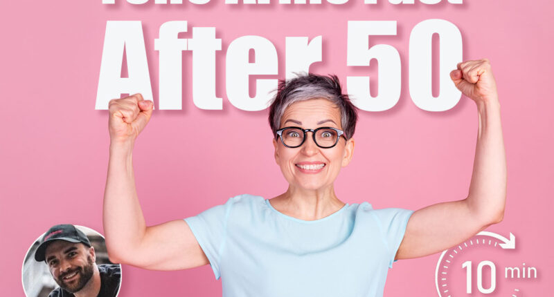 Portrait of pretty aged lady raise fists blue t-shirt isolated on pink color background. 6 Daily Standing Moves That Tighten Bat Wings in 30 Days After 50—No Weights. Cover