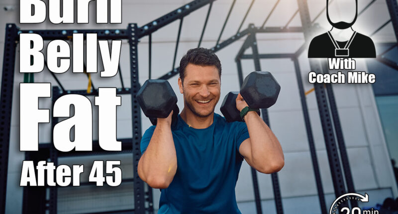 Happy athletic man doing squats while working out with hand weights in outdoor gym. 6 Simple Moves That Burn Belly Fat Without Dieting After 45. Cover