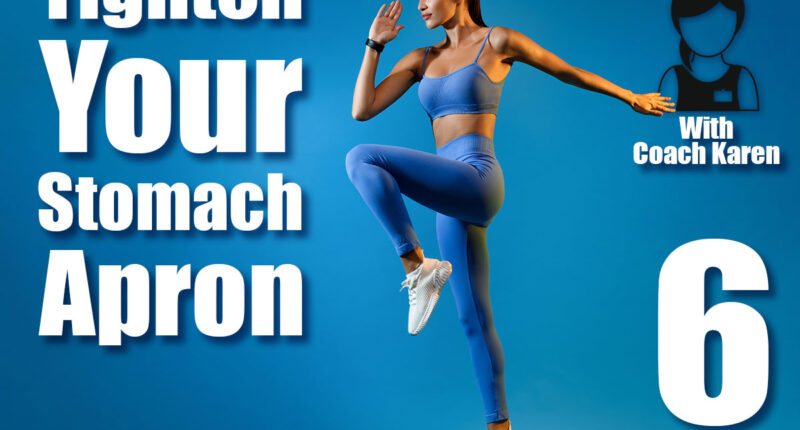 Female Athlete Jumping Exercising During Training Over Blue Studio Background, Looking Aside. Fitness Workout And Sport Motivation Concept. Full Length, Side View. 6 Standing Core Routines to Tighten Your Stomach Apron After 50—No Floor. Cover