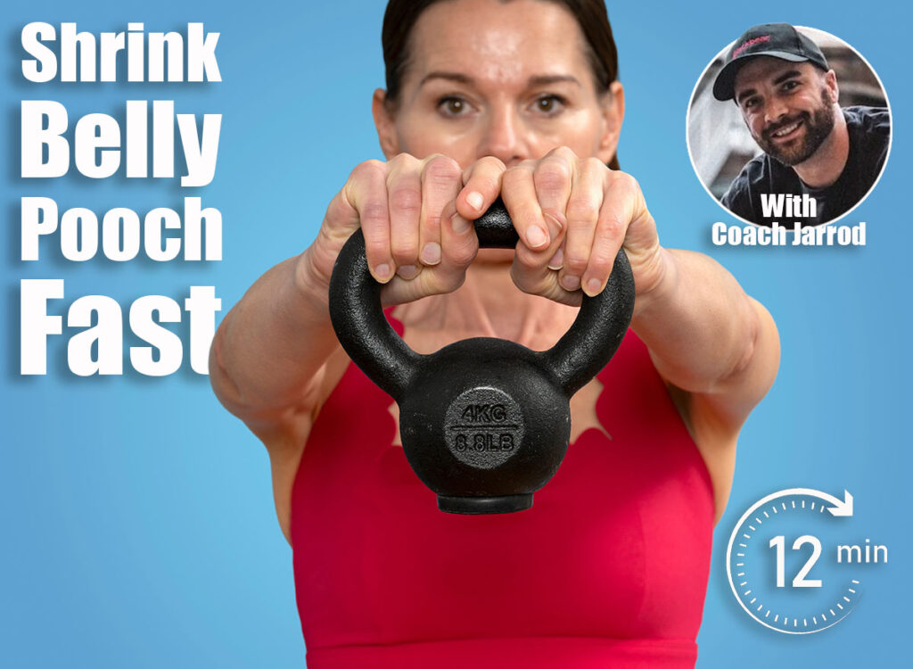 close up of a woman athlete in red sportswear lifting a kettlebell weight against blue background. 6 Standing Exercises That Shrink Belly Pooch Better Than Crunches After 40. Cover