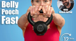 close up of a woman athlete in red sportswear lifting a kettlebell weight against blue background. 6 Standing Exercises That Shrink Belly Pooch Better Than Crunches After 40. Cover