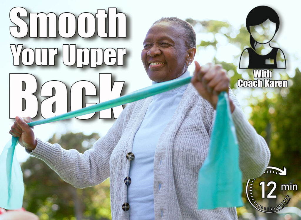 Elderly, woman and physiotherapy for fitness with resistance band in park, outside or garden for wellness. Black person, smile and happy with results in mobility, recovery or rehabilitation of injury. 6 Standing Moves That Smooth Your Upper Back in 30 Days After 45. Cover