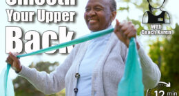 Elderly, woman and physiotherapy for fitness with resistance band in park, outside or garden for wellness. Black person, smile and happy with results in mobility, recovery or rehabilitation of injury. 6 Standing Moves That Smooth Your Upper Back in 30 Days After 45. Cover