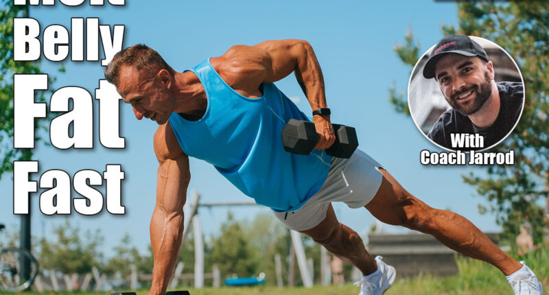 man performs a renegade row exercise with dumbbells outdoors, showcasing strength and focus in a park setting. 6 Strength Exercises for Men to Melt Middle-Aged Belly Fat After 40–UPDATE. Cover