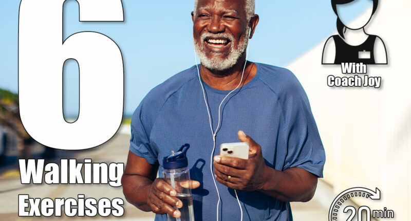 A happy senior Black man runs along a seaside promenade holding a water bottle and smartphone, wearing earphones and a joyful expression. 6 Walking Exercises That Reverse Aging Better Than Running After 50. Cover