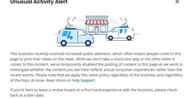 A screenshot of Yelp warning that the account of a Santa Clarita dentist was being restricted due to recent media reports.